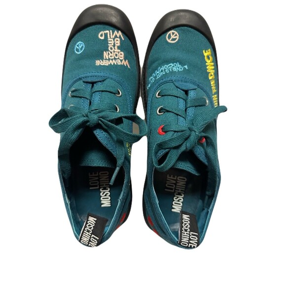 NEW Love Moschino Womens Size 8 Playful Embroidery  Teal Sneakers Black Lug Sole - Picture 7 of 11